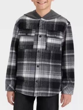 Kids Black & Gray Plaid Hooded Shirt Jacket NWT